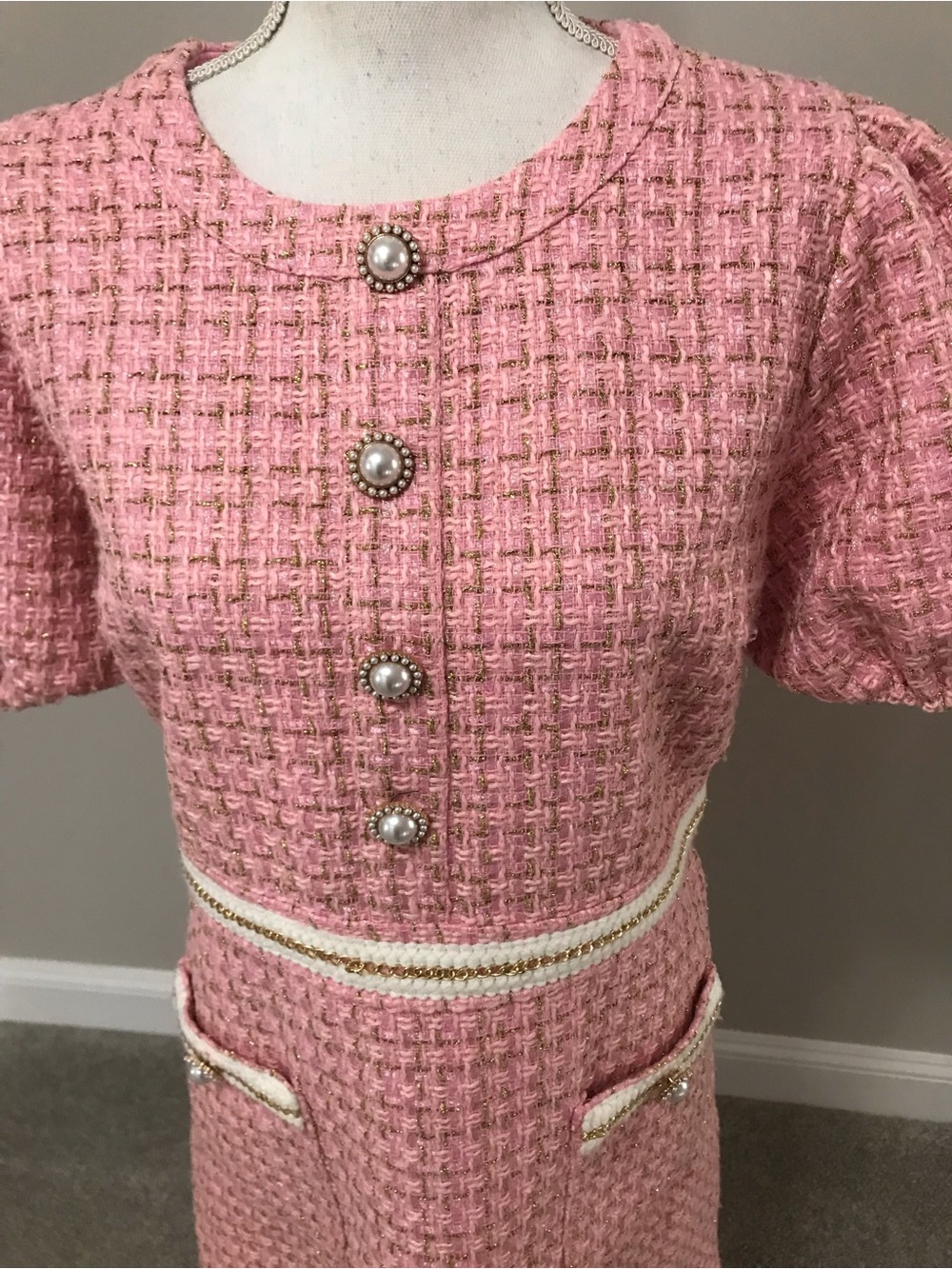 Simply Southern Pink Tweed Dress with Pearl Buttons - Picture 2 of 6